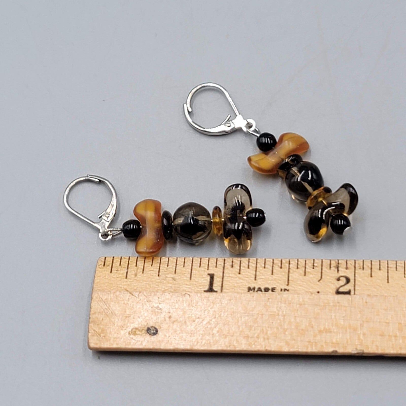 Glass Bead Pierced Earrings Variegated Browns Leverback Dangle Silver tone 1.25"