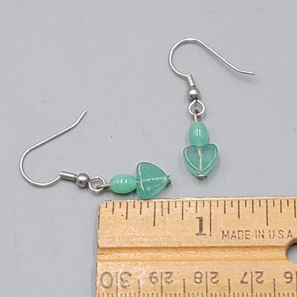 Aventurine Heart Bead Pierced Earrings Silver tone Dangle Dainty 5/8 in