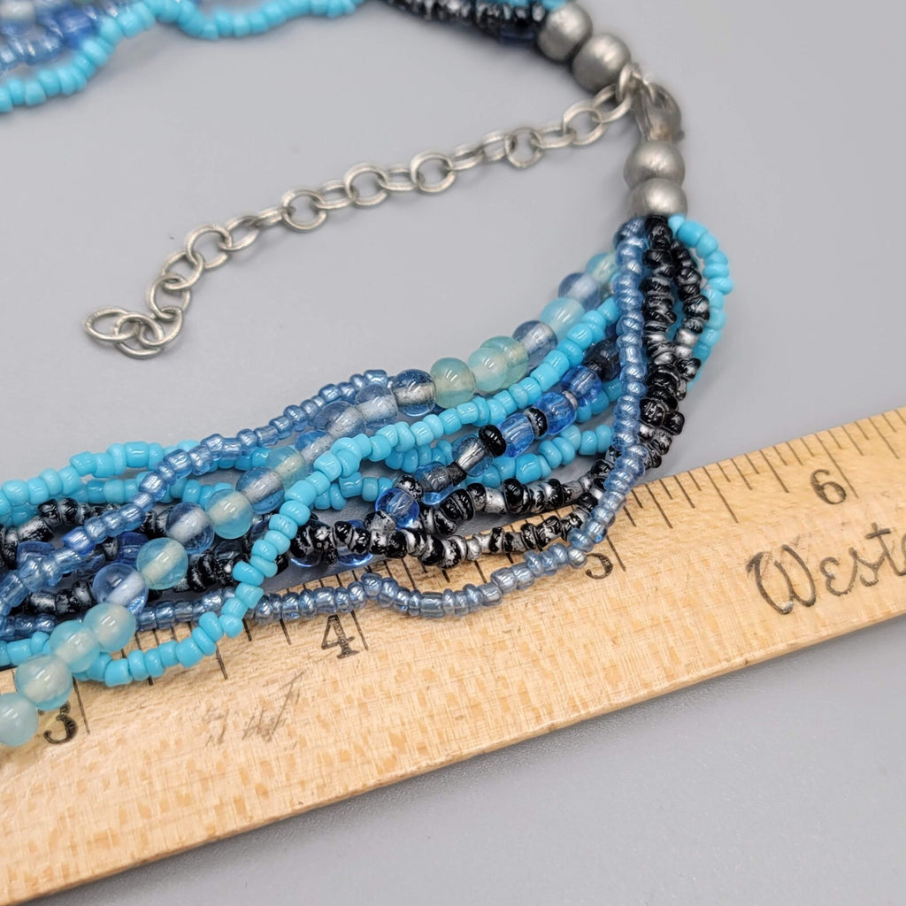 Multi Strand Blue Bead Twist Necklace Layered Silver tone 14"-17"