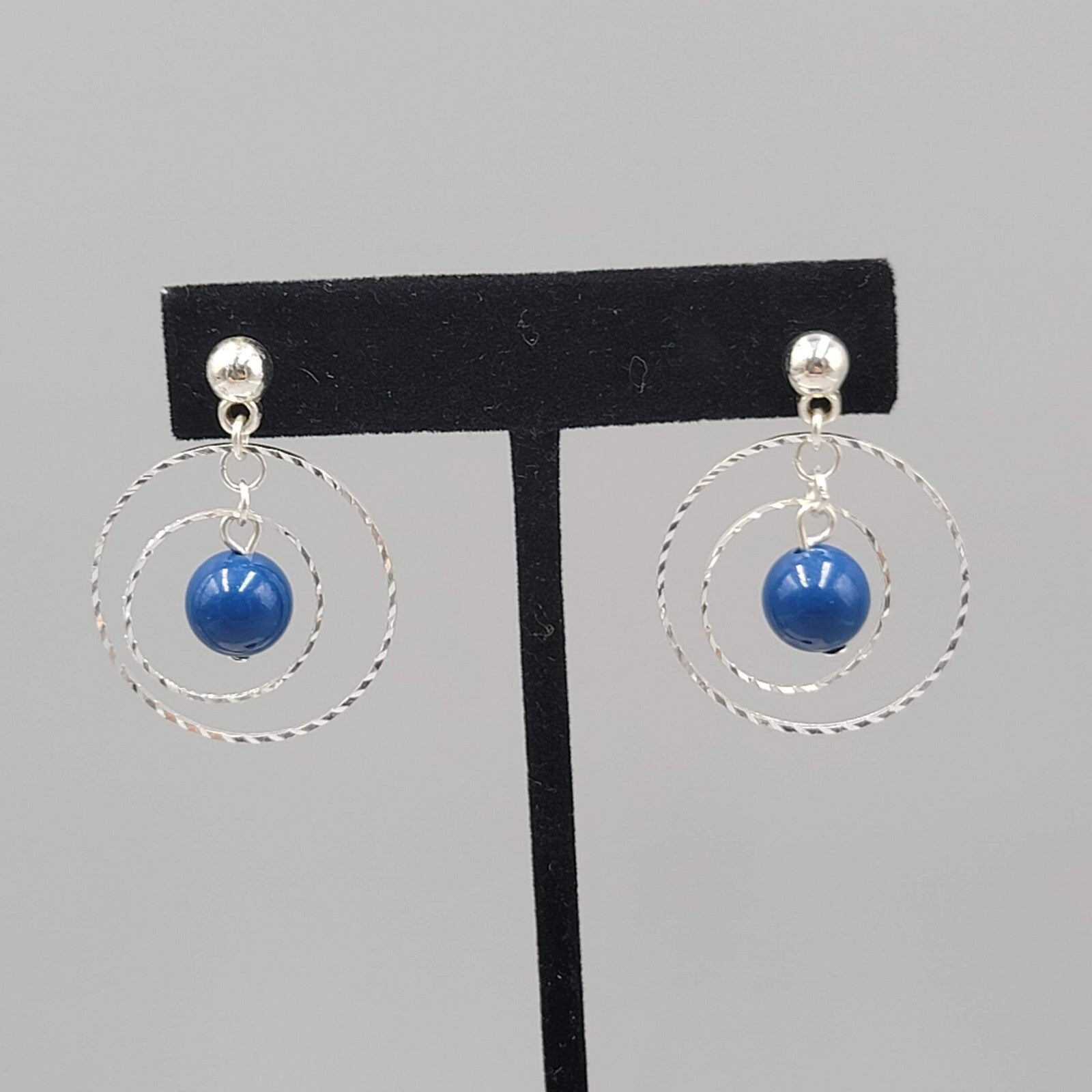 Dangle Circles Pierced Earrings Silver tone Blue Bead 1.25"