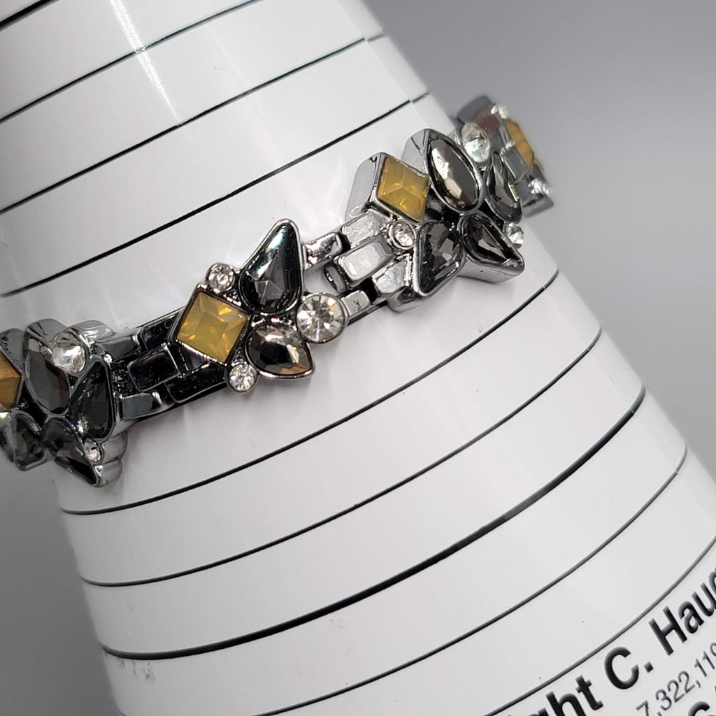 Black Yellow Rhinestone Bracelet Gun Metal Gray Metal Elastic 7"