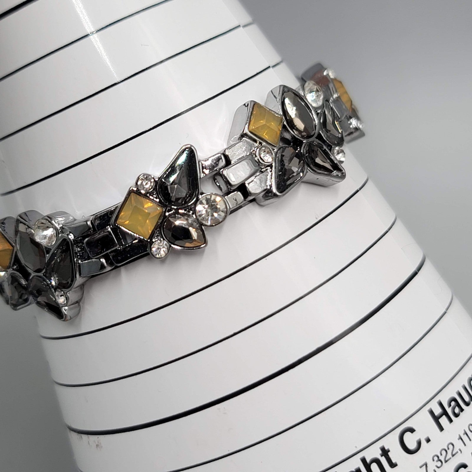 Black Yellow Rhinestone Bracelet Gun Metal Gray Metal Elastic 7"