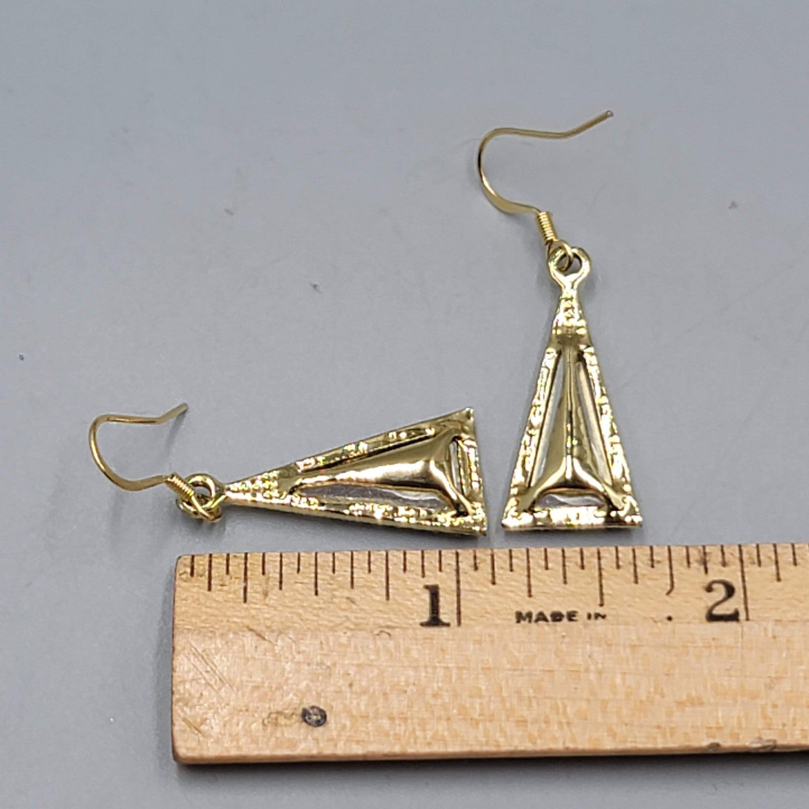 Triangle Clear Rhinestone Pierced Earrings Gold tone Dangle 7/8"