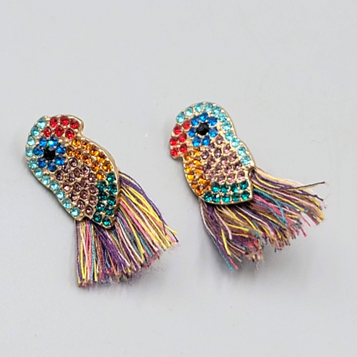 Crystal Bird Pierced Earrings Gold tone Multicolor Tassel 1.5"