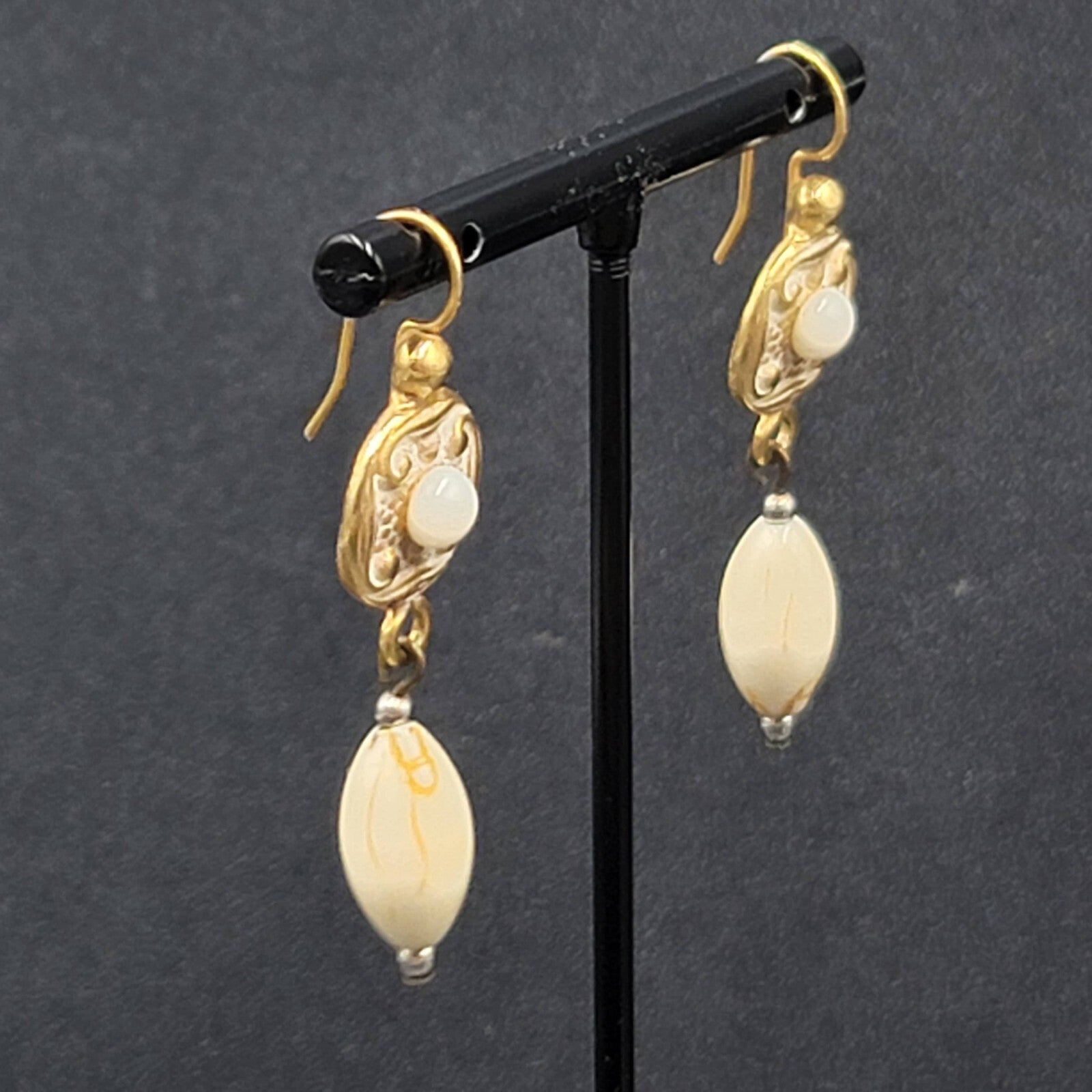 Pierced Earrings Brushed Gold Plated White Bead Dangle 1.5"