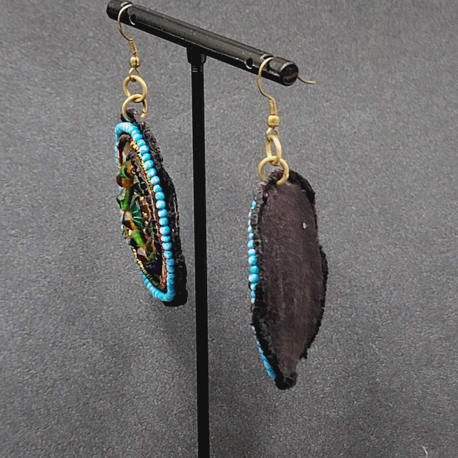 Boho Pierced Earrings Beaded Felt Medallion Dangle 1.75"