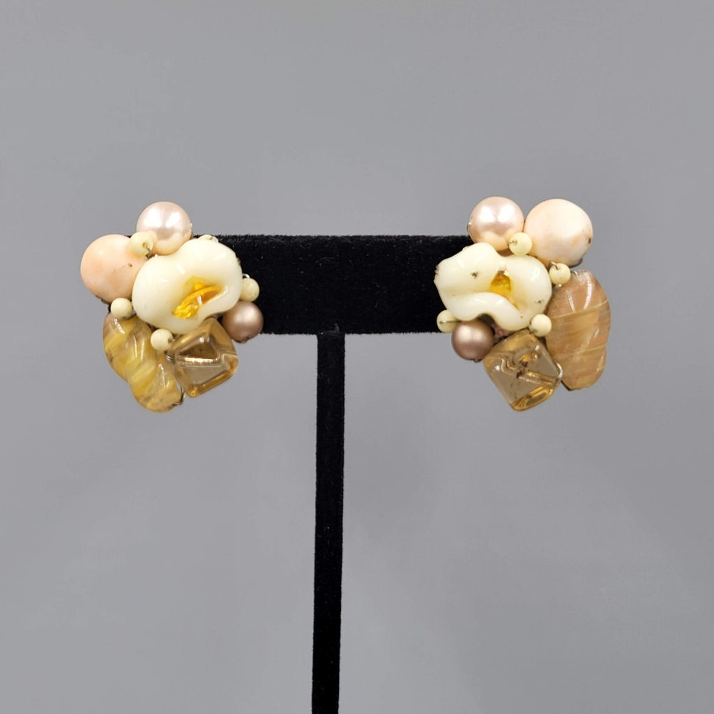 Vintage Cluster Bead Clip on Earrings Molded Glass Tans White 1 1/8"