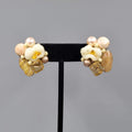 Vintage Cluster Bead Clip on Earrings Molded Glass Tans White 1 1/8"