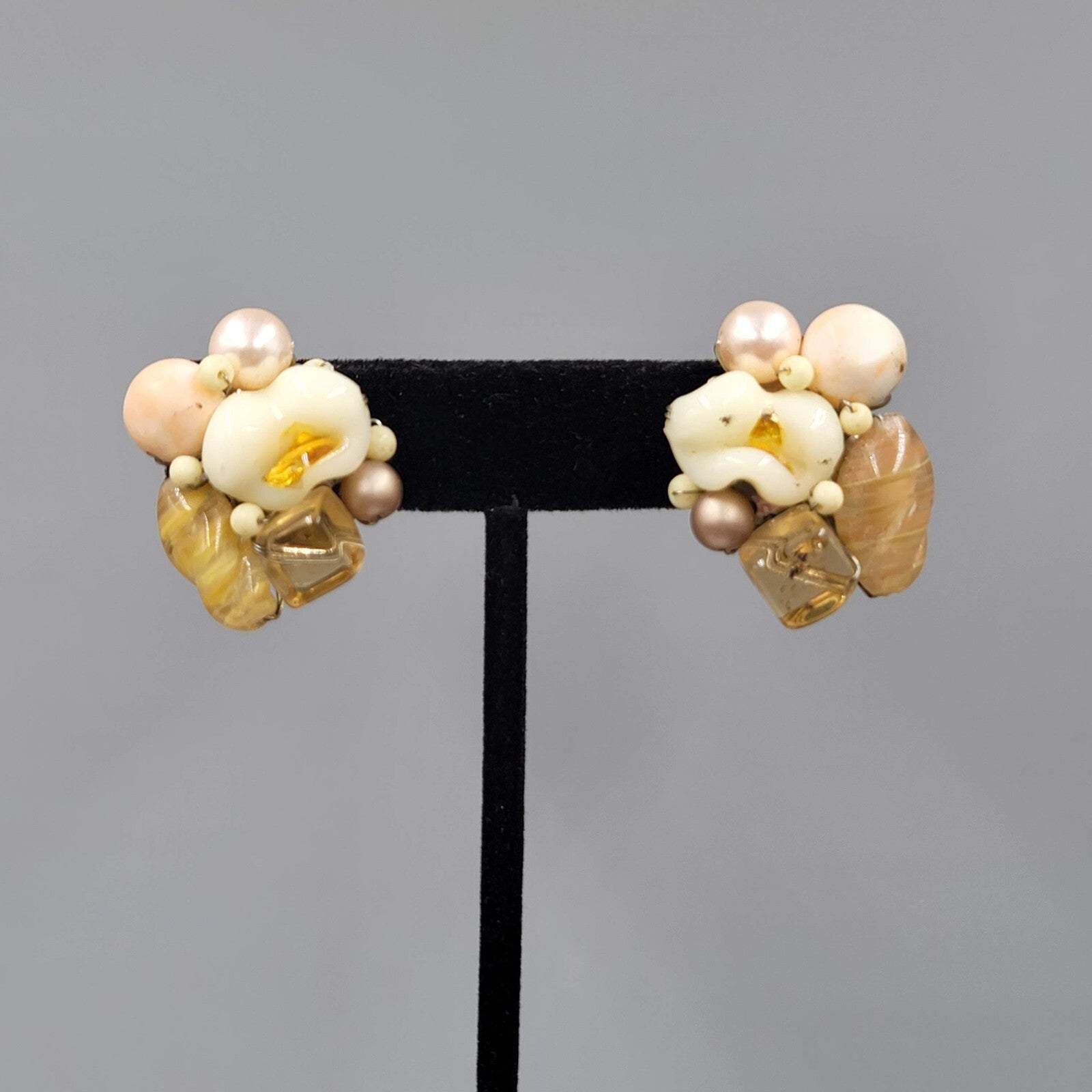 Vintage Cluster Bead Clip on Earrings Molded Glass Tans White 1 1/8"