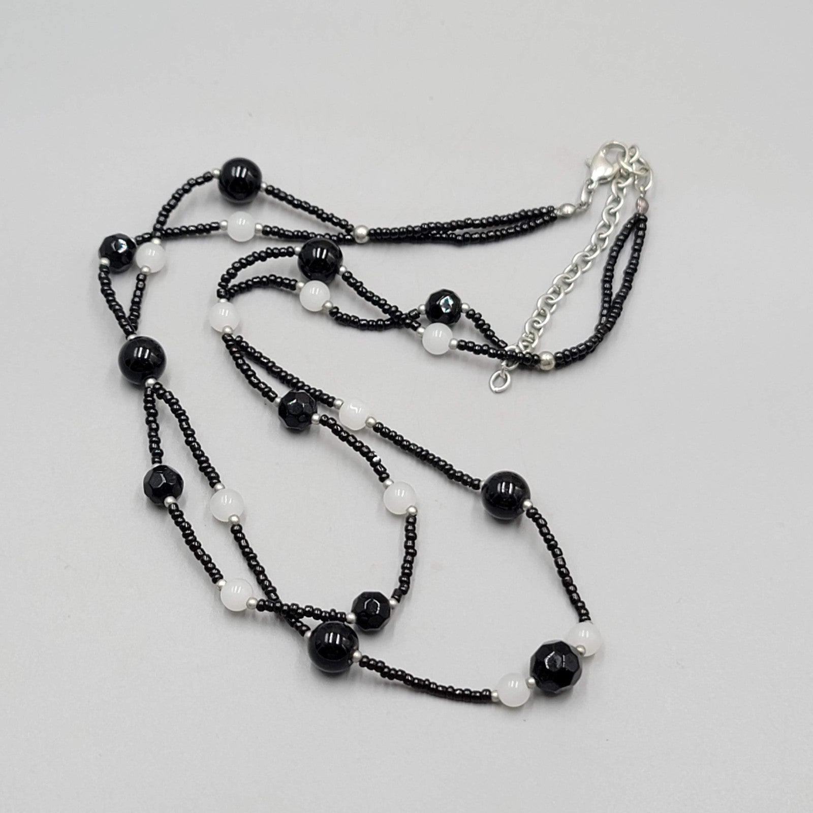 Black Glass Bead White Opaque Double Strand Necklace 20"-22"