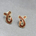 Vintage Pierced Earrings Gold tone Brown Enamel Ribbon Swish Studs 3/4"
