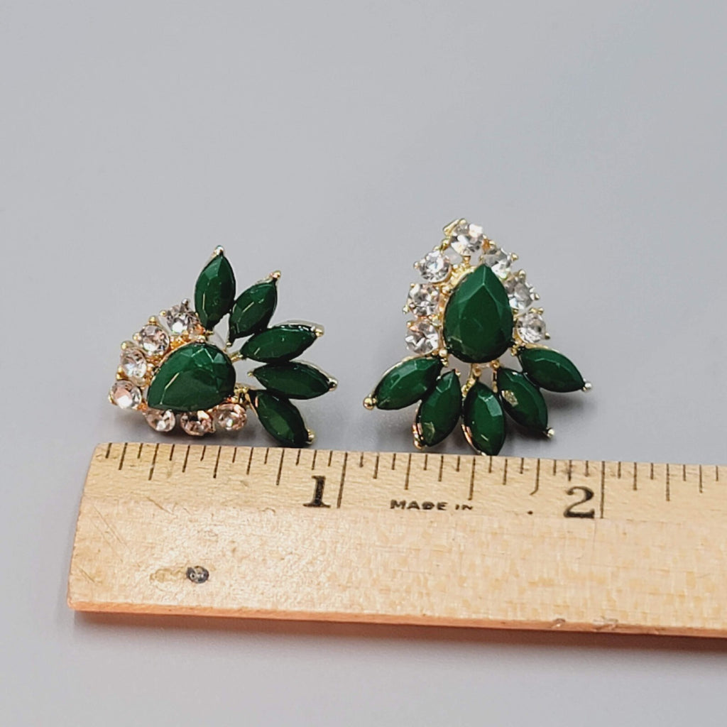Pierced Earrings Gold tone Green Accent Statement Drop 1"
