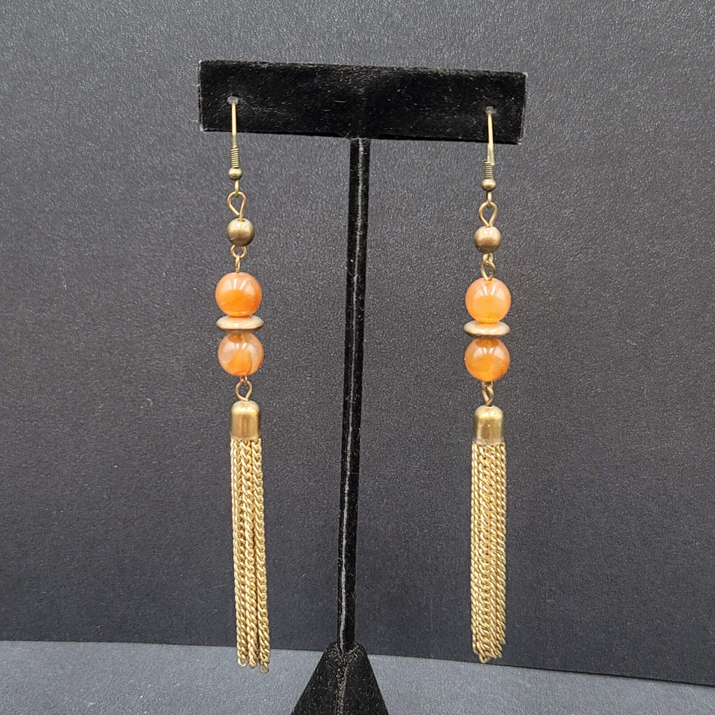 Pierced Earrings Gold tone Multi Chain Orange Bead Extra Long Dangle 4"
