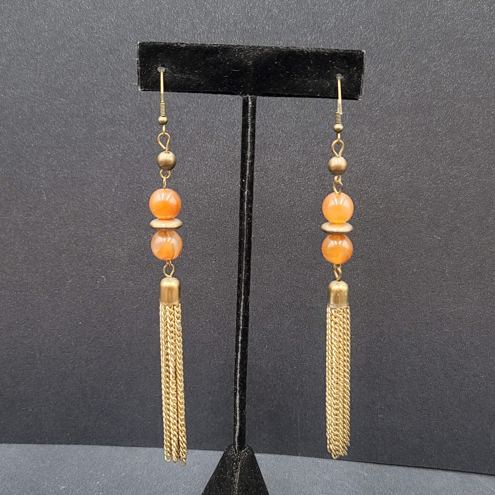 Pierced Earrings Gold tone Multi Chain Orange Bead Extra Long Dangle 4"
