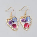 Real Flower Heart Pierced Earrings Gold tone Dangle Resin 1"