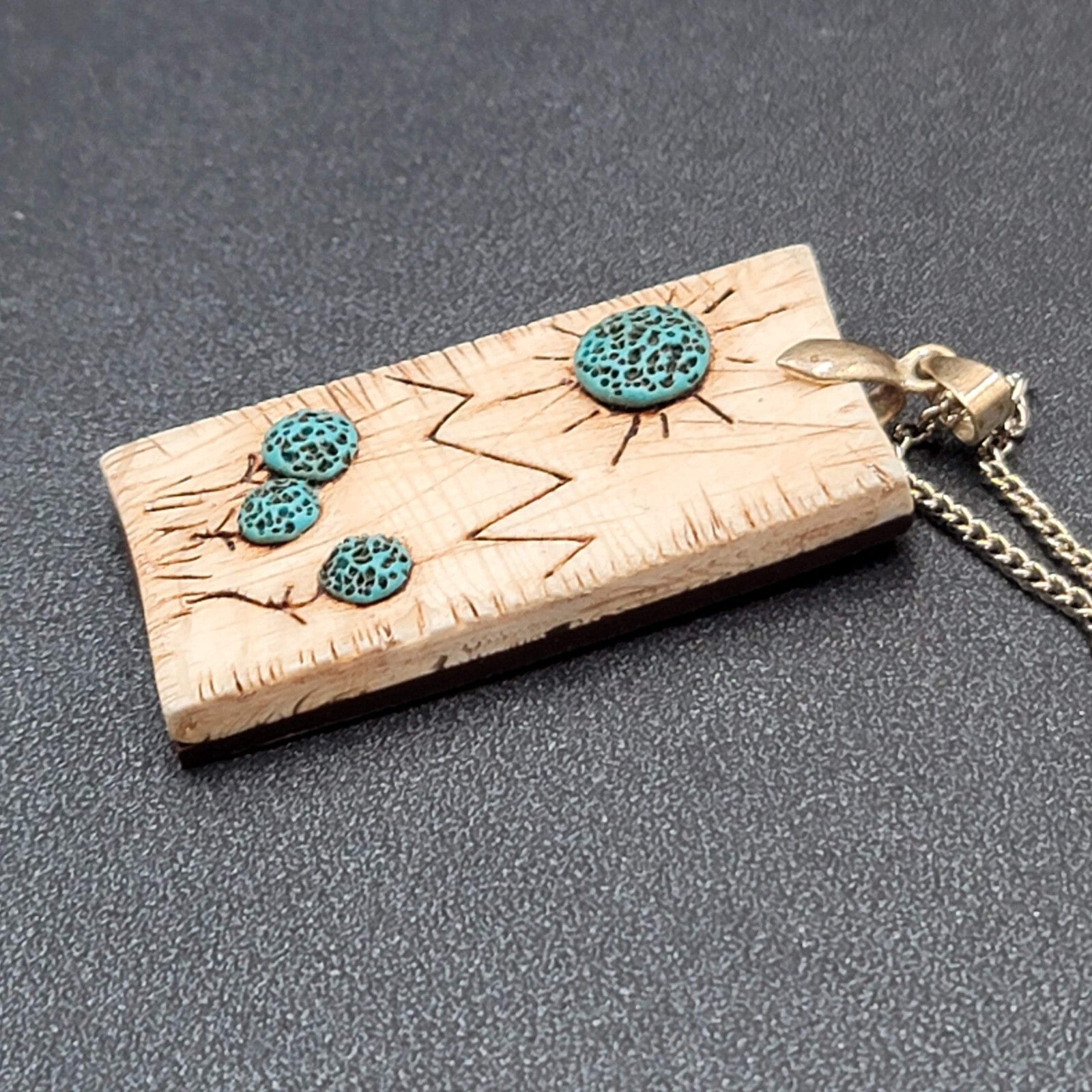 Artisan Hand Made Wood Burning Pendant Necklace Flowers Mountains Silver tone 18