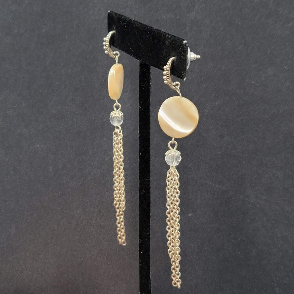 Pierced Earrings Silver tone Mother of Pearl Disc Dangle Chains 3.5"