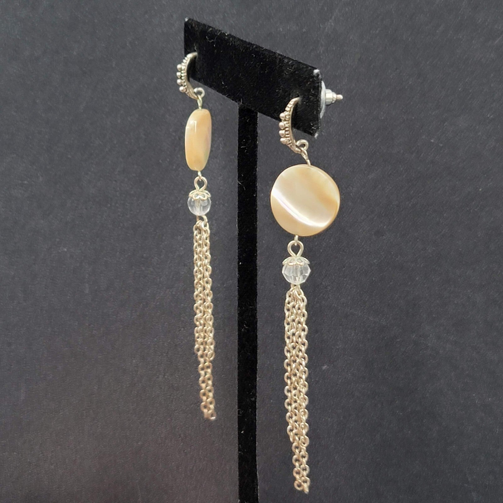 Pierced Earrings Silver tone Mother of Pearl Disc Dangle Chains 3.5"
