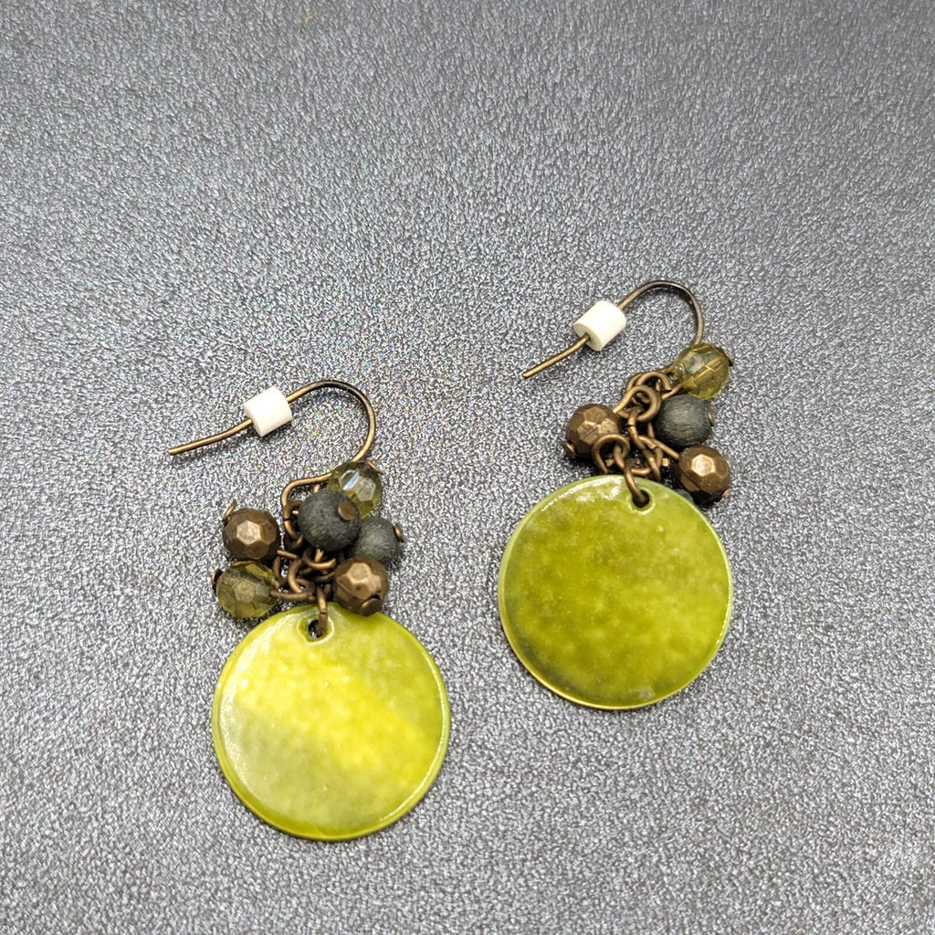 Pierced Earrings Green Shell and Beaded Dangle 1.25"