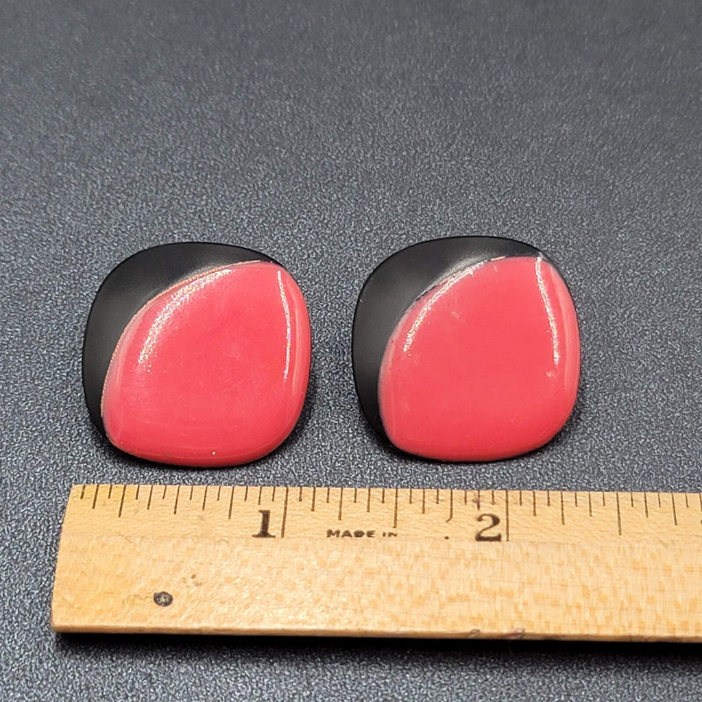 Vintage 1980s Pierced Earrings Black Red Enamel Dangle Geometric 1 1/8"