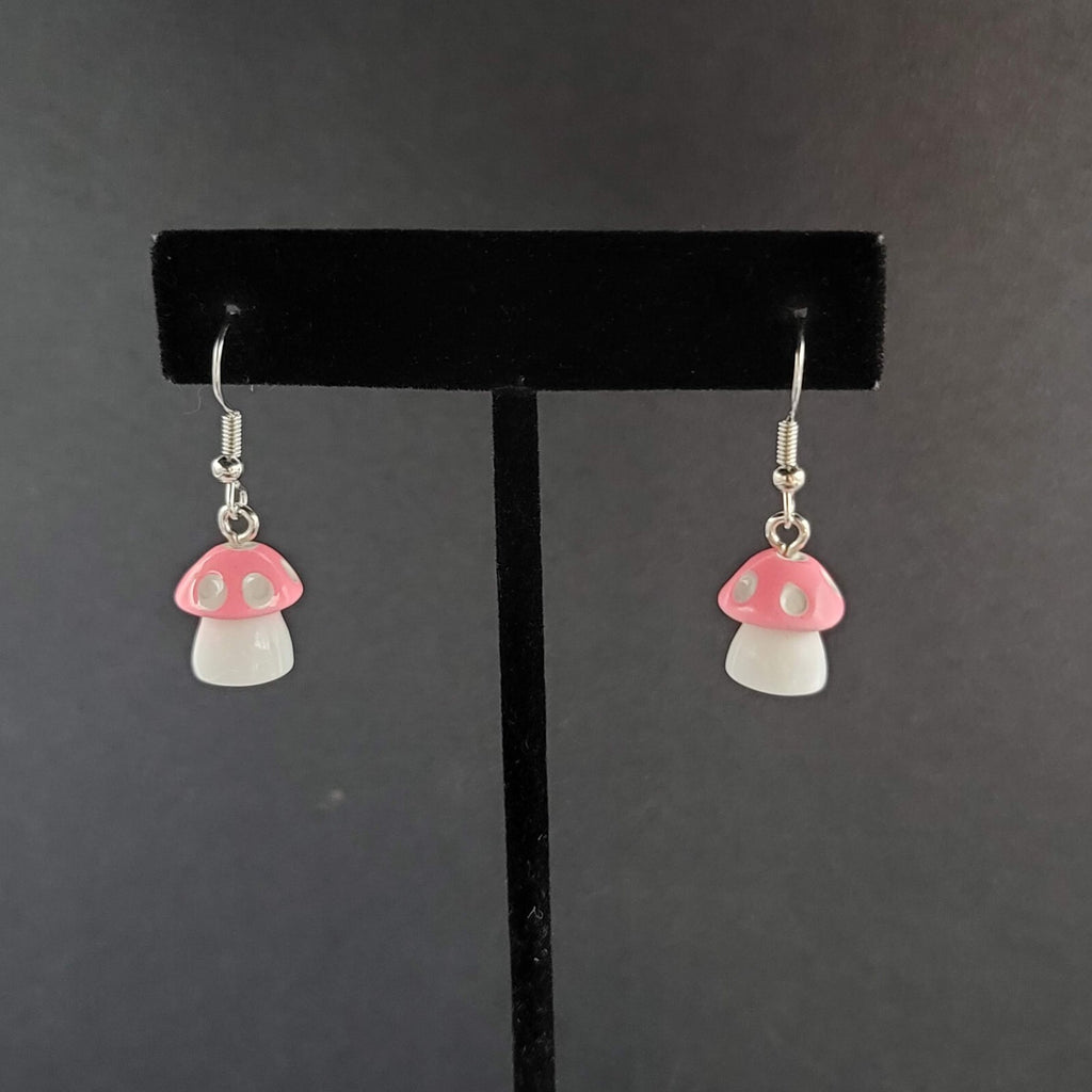 Pierced Earrings Pink White Polka Dot Mushroom Dangle  5/8"