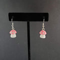 Pierced Earrings Pink White Polka Dot Mushroom Dangle  5/8"