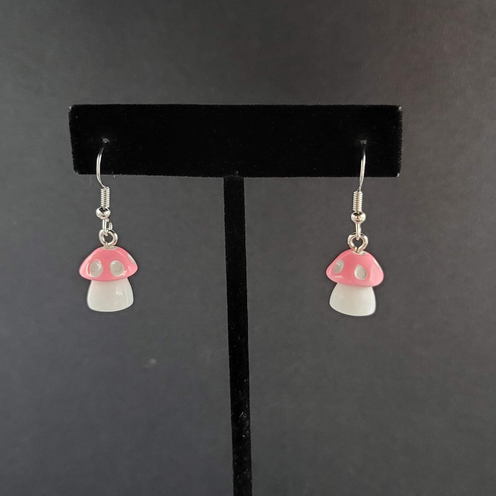 Pierced Earrings Pink White Polka Dot Mushroom Dangle  5/8"