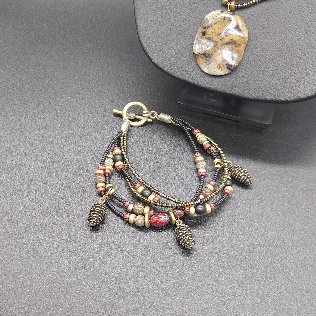 Necklace Bracelet Set Multi Strand Seed Bead Acorn Charms Stone Pendant