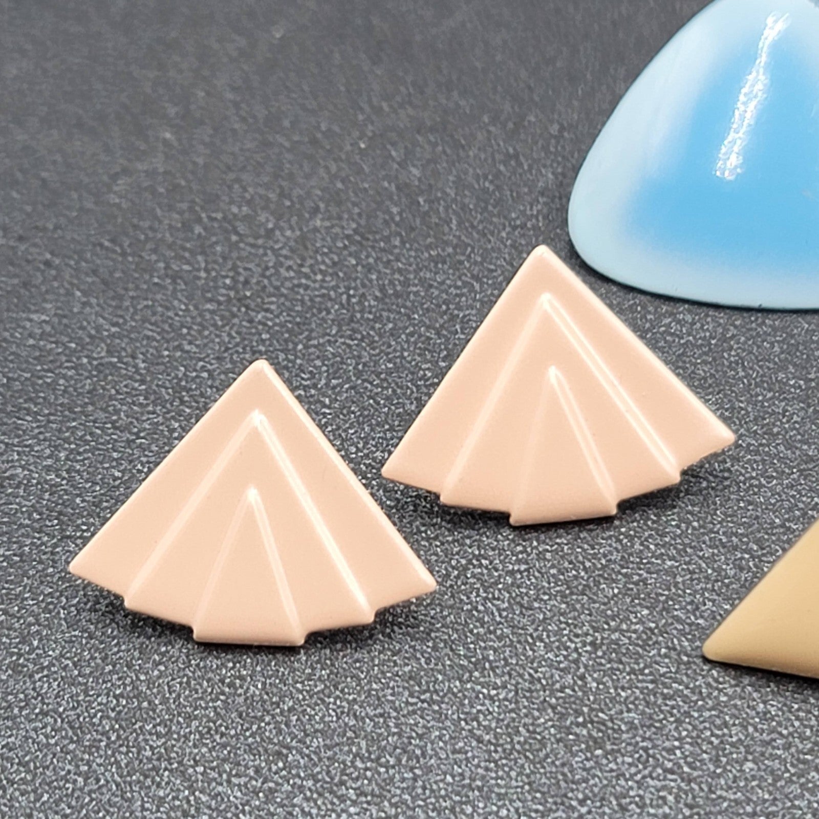 Vintage Pierced Earrings Lot of 3 Enamel 1980s Studs Blue Peach Tan Triangle