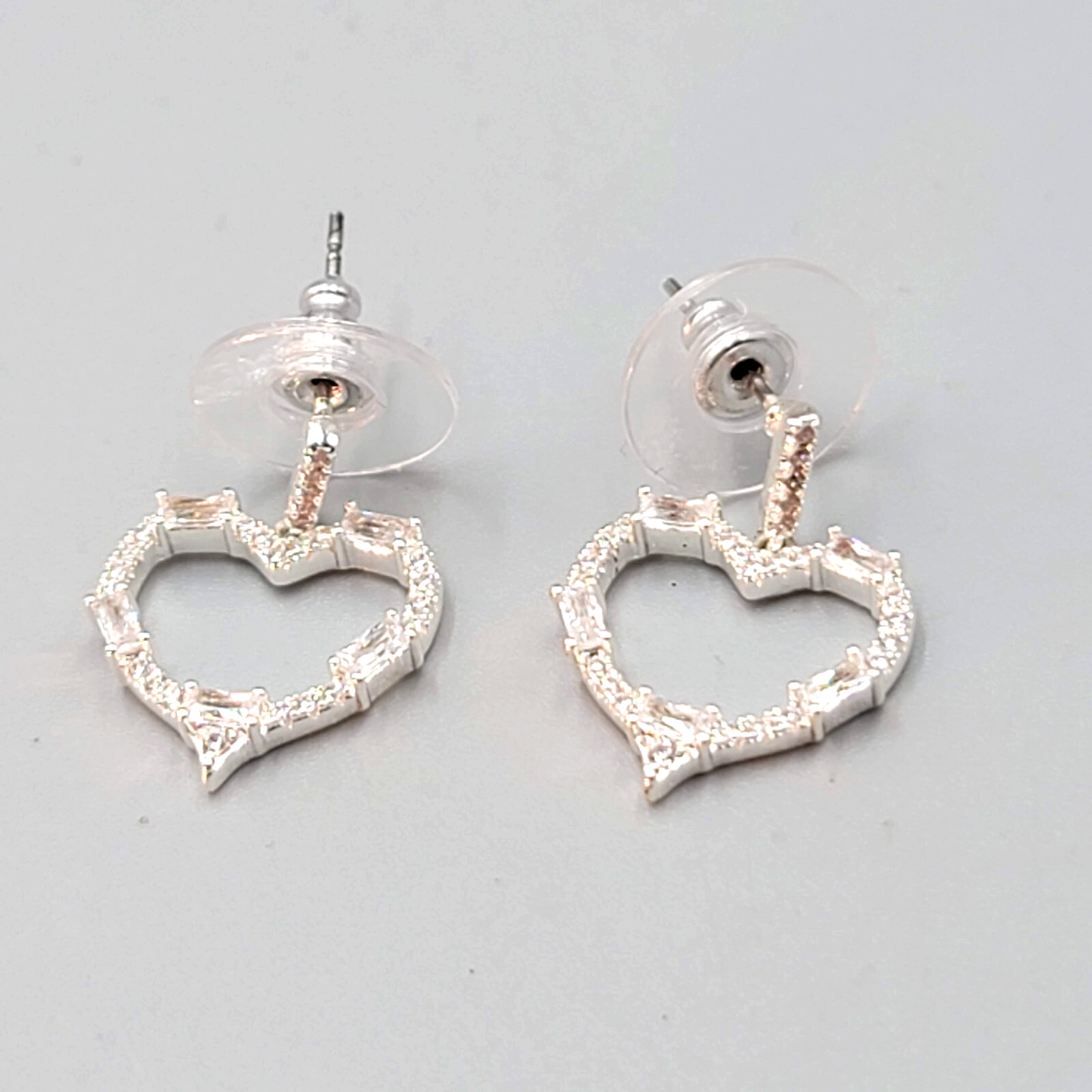 Heart Pierced Earrings Crystal Open Work Dangle Silver Plated 7/8"