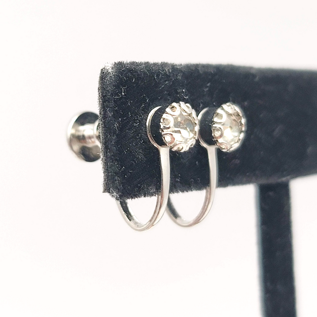 Vintage Stud Clip on Earrings Cubic Zirconia Silver tone 3/16 in