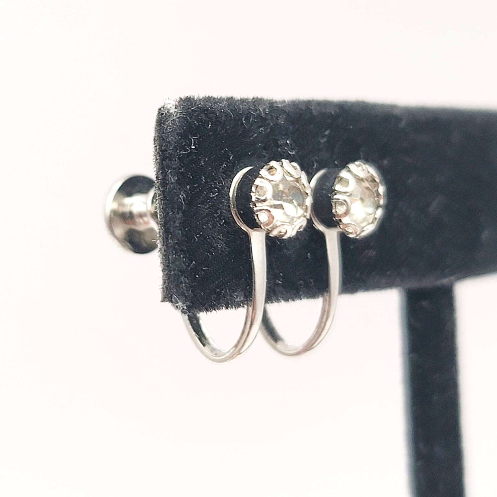 Vintage Stud Clip on Earrings Cubic Zirconia Silver tone 3/16 in