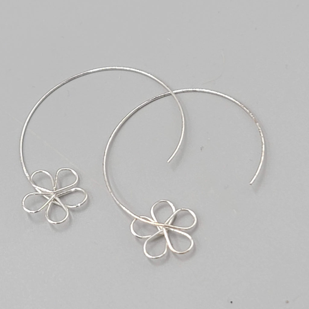 Sterling Silver Pierced Earrings Dainty Wire Flower 1.25" 925