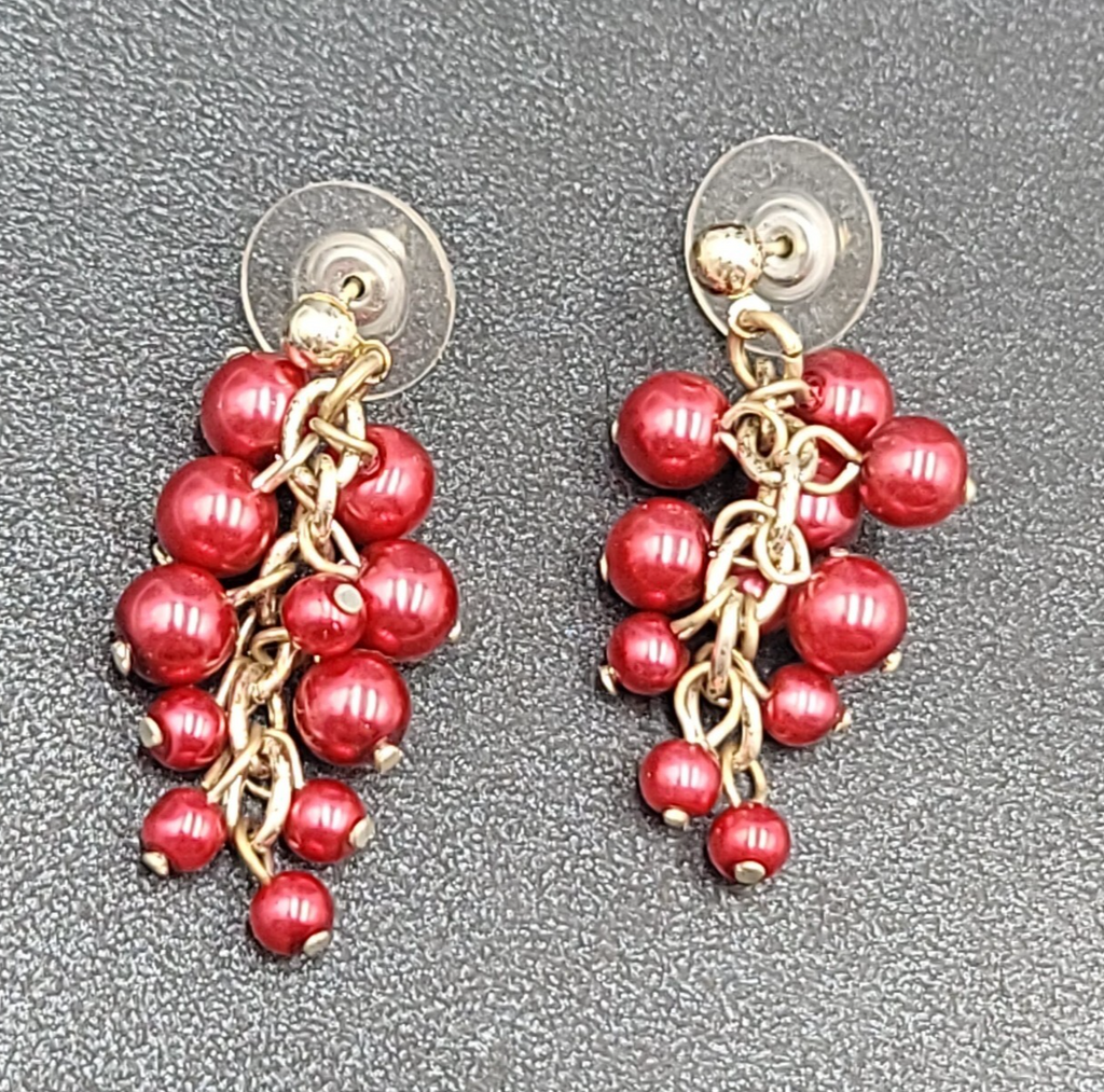 Pierced Earrings Silver tone Cluster Shiny Red Beads Dangle  1 3/8"