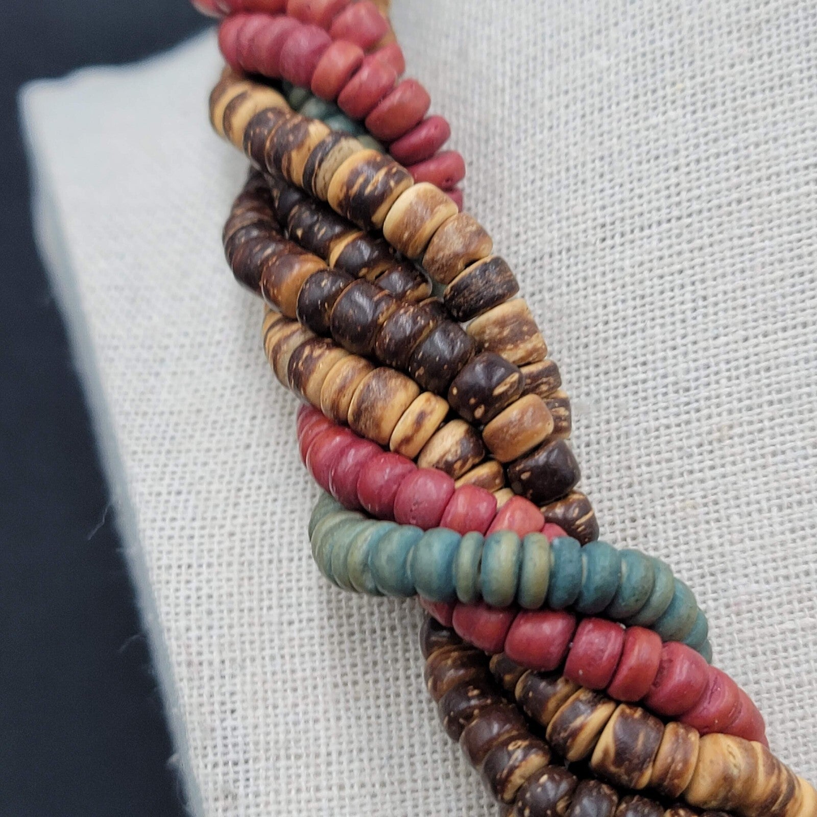 Vintage Coir Coconut Beads Necklace Multicolor Twist Statement 18"-20"
