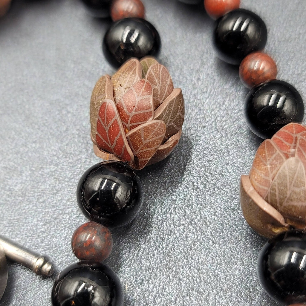 Brown Stone Pendant Necklace Black Glass Beads Toggle 18" Hand Carved Beads
