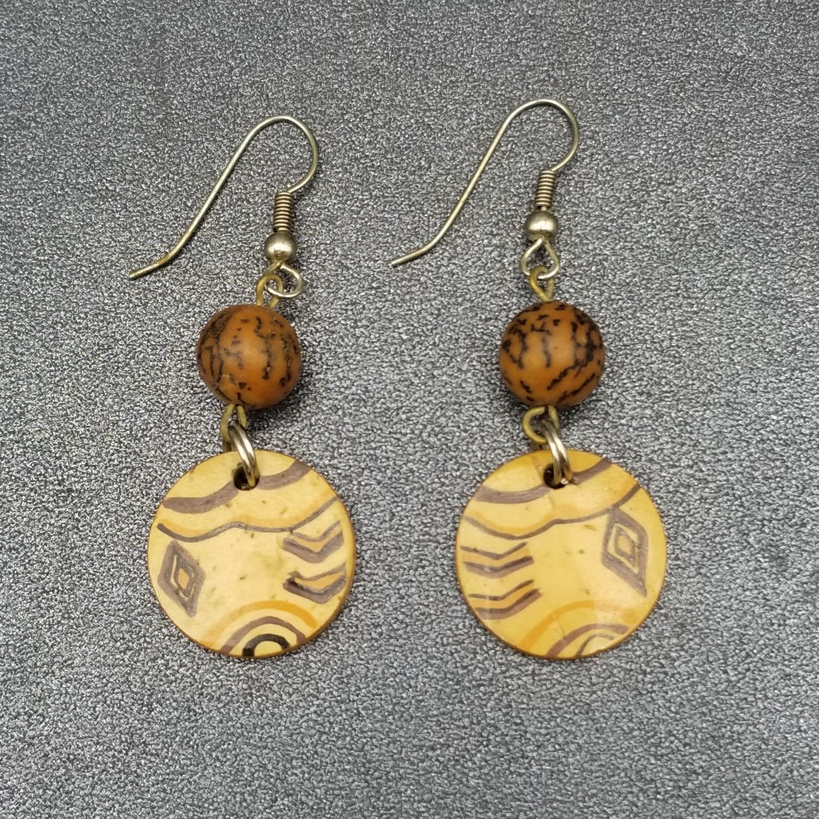 Pierced Earrings Silver tone Wooden Ethnic Statement Dangle 1 3/8"