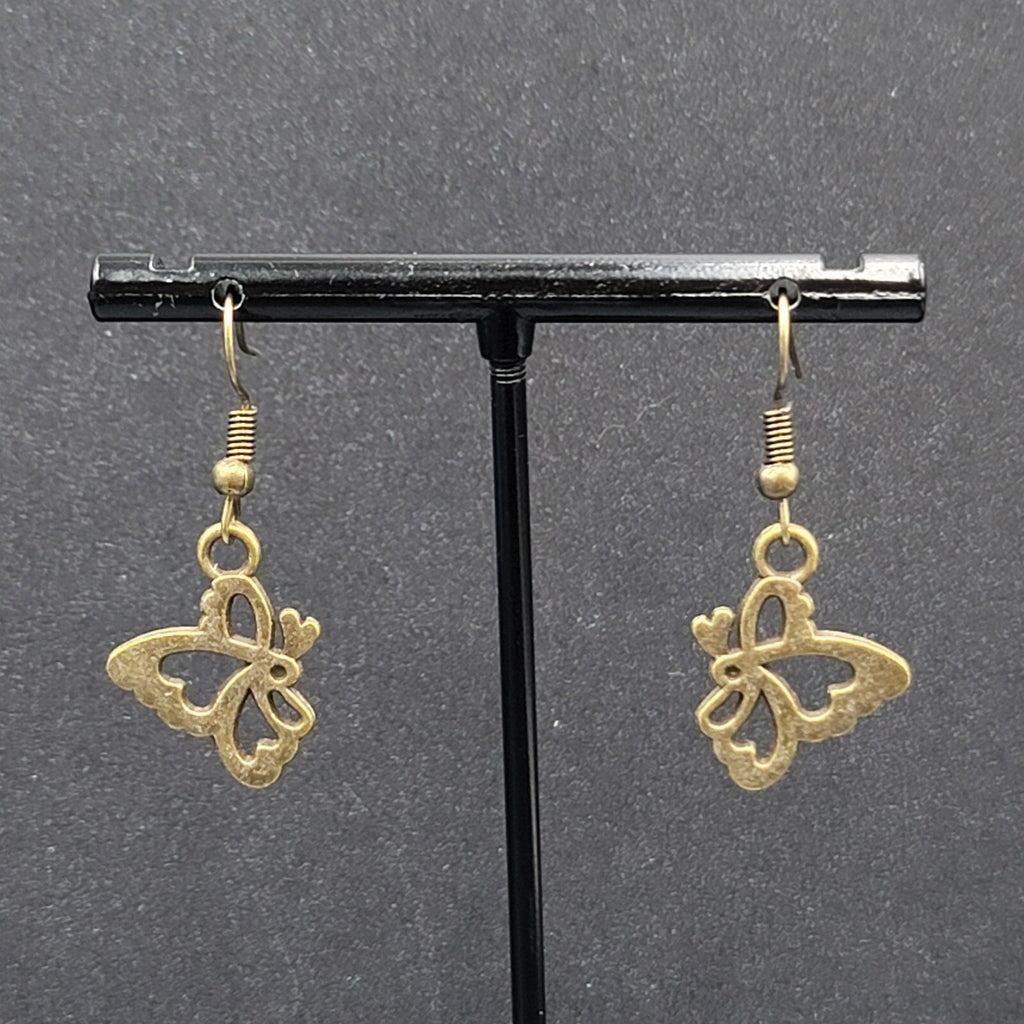 New Butterfly Pierced Earrings Bronze tone Side View Dangle 3/4"