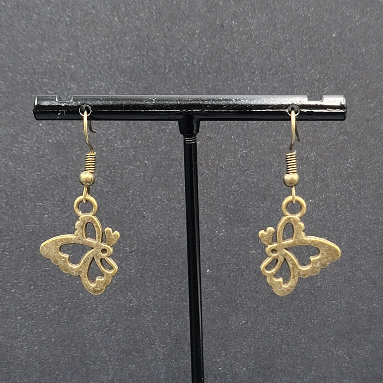 New Butterfly Pierced Earrings Bronze tone Side View Dangle 3/4"