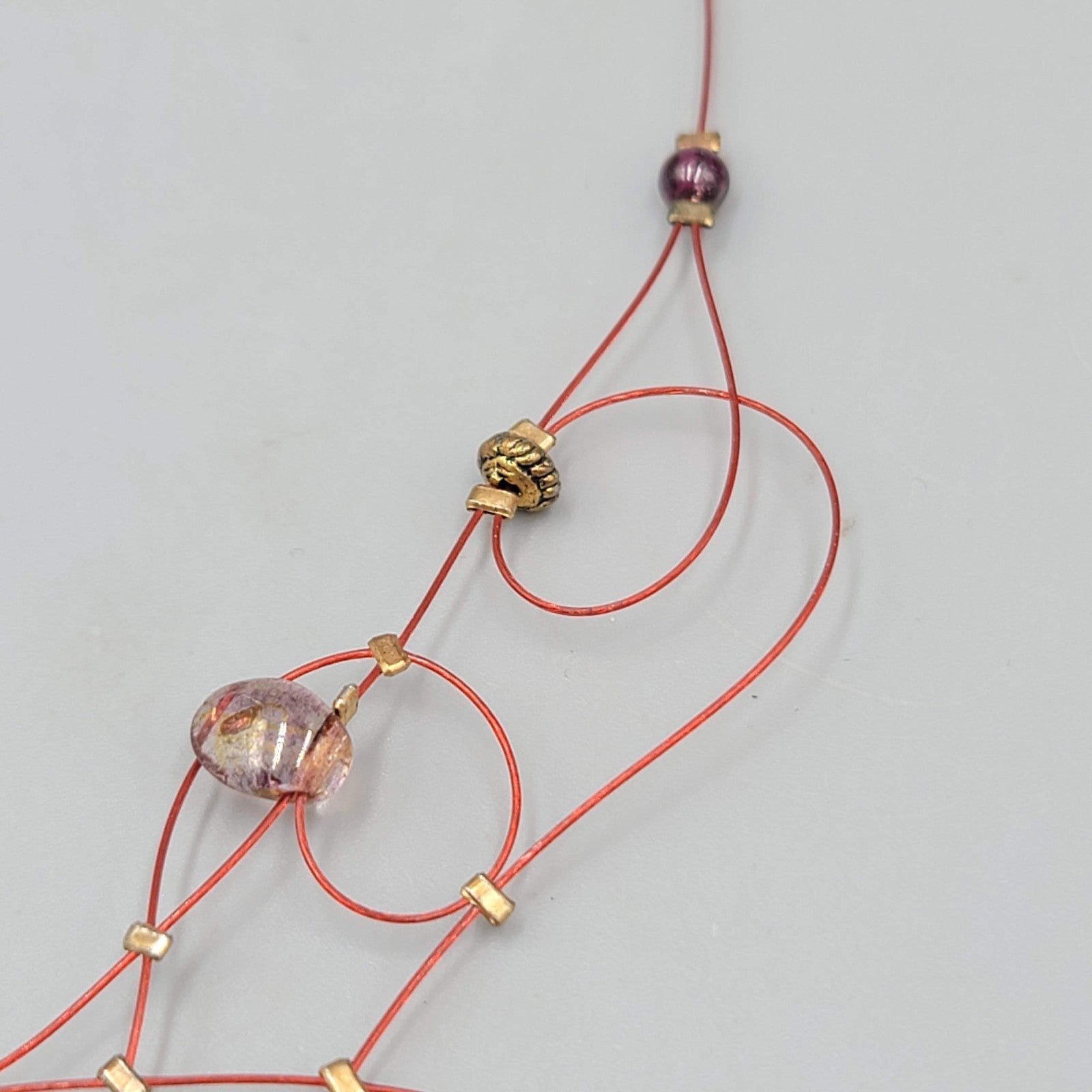 Red Modernist Bead Necklace Twist Cord 16"-18"