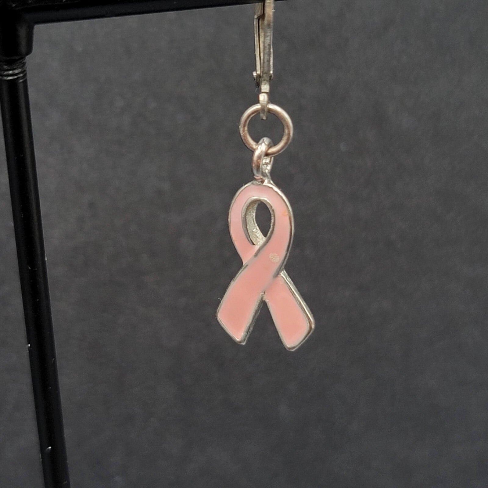 Pierced Earrings Silver tone Pink Enamel Breast Cancer Awareness Ribbon 3/4"