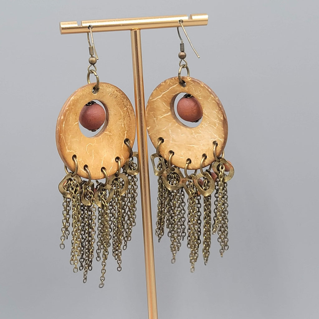 Coconut and Wood Bead Pierced Earrings Bronze tone Dangle Fringe Boho 3.25"