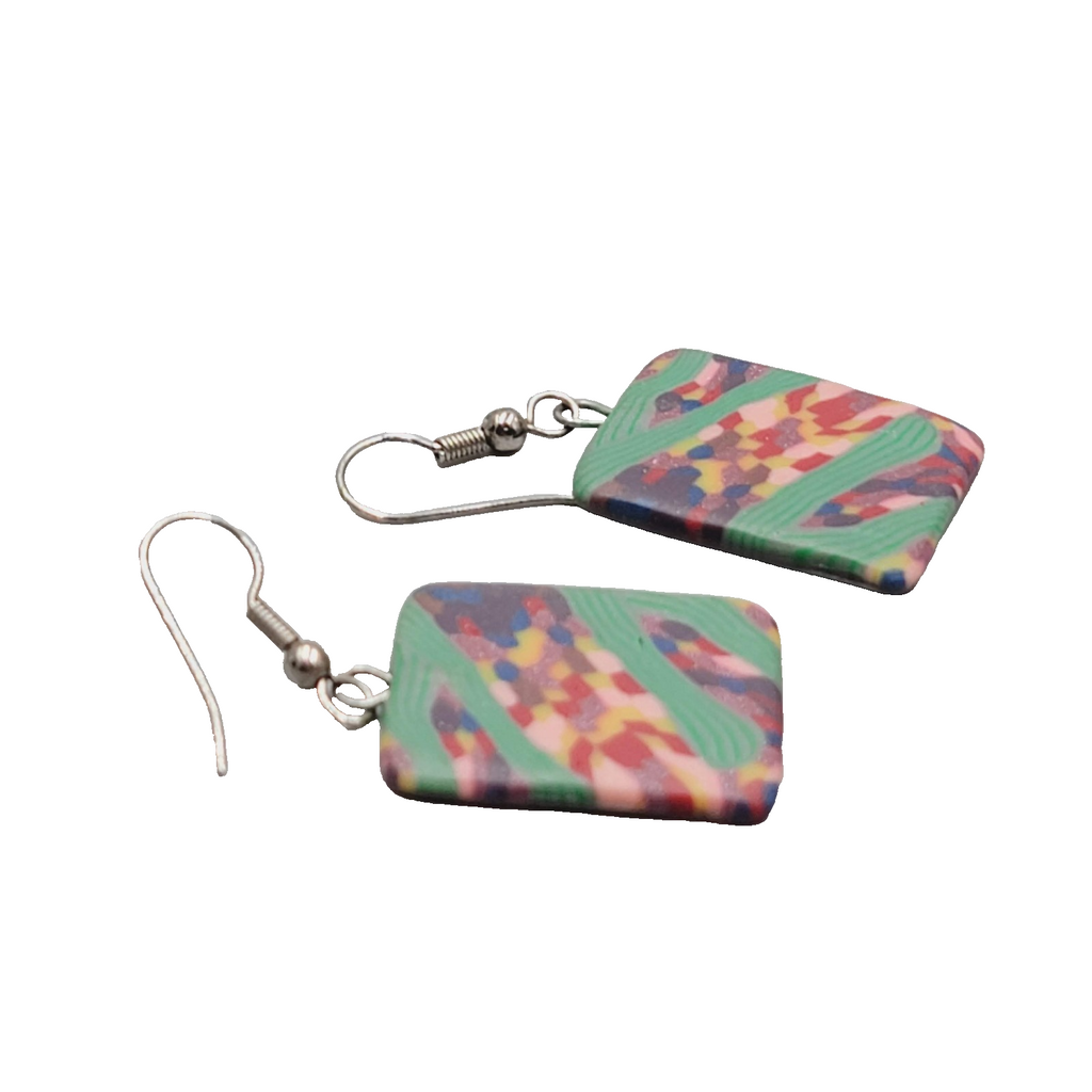 Multicolor Polymer Clay Pierced Earrings Silver tone Dangle 1 1/8"
