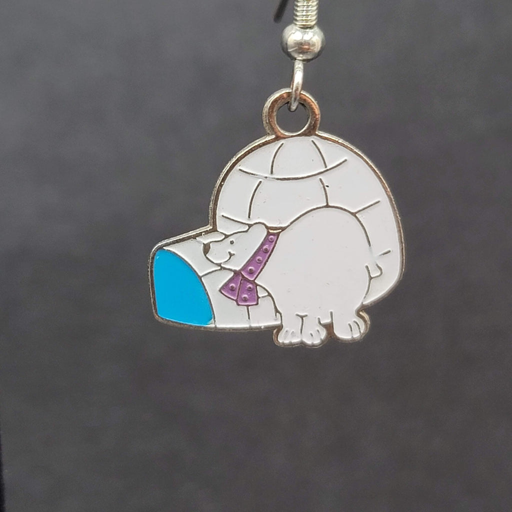Vintage Pierced Earrings Igloo Polar Bear Dangle Enamel Silver tone Dangle 7/8"