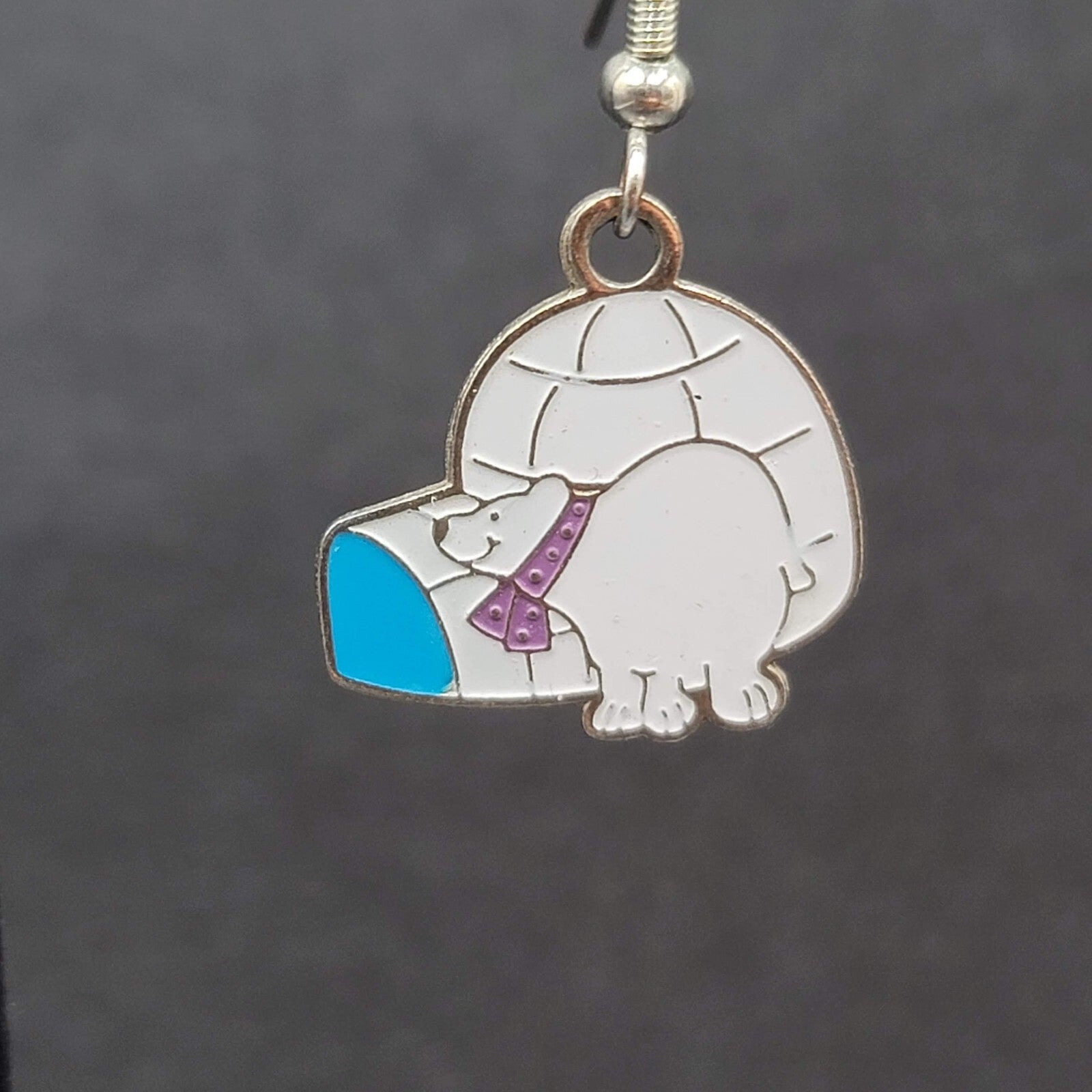Vintage Pierced Earrings Igloo Polar Bear Dangle Enamel Silver tone Dangle 7/8"