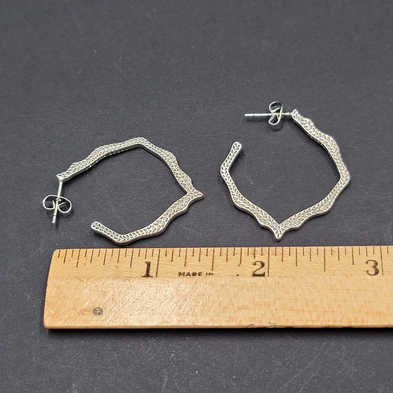 Etched Scalloped Hoops Pierced Earrings Silver tone Drop  1 3/8"