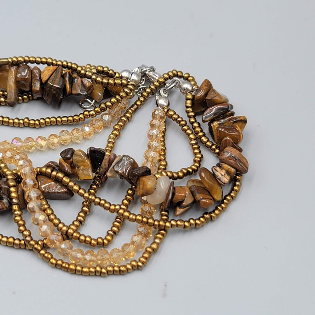Multi Strand Bead Twist Necklace Tigers Eye Crystal 6 Strands 18"-20"