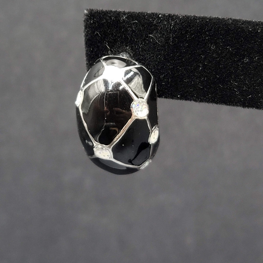 Vintage Pierced Earrings Black Enamel White Glitter Dots Half Hoops 7/8"