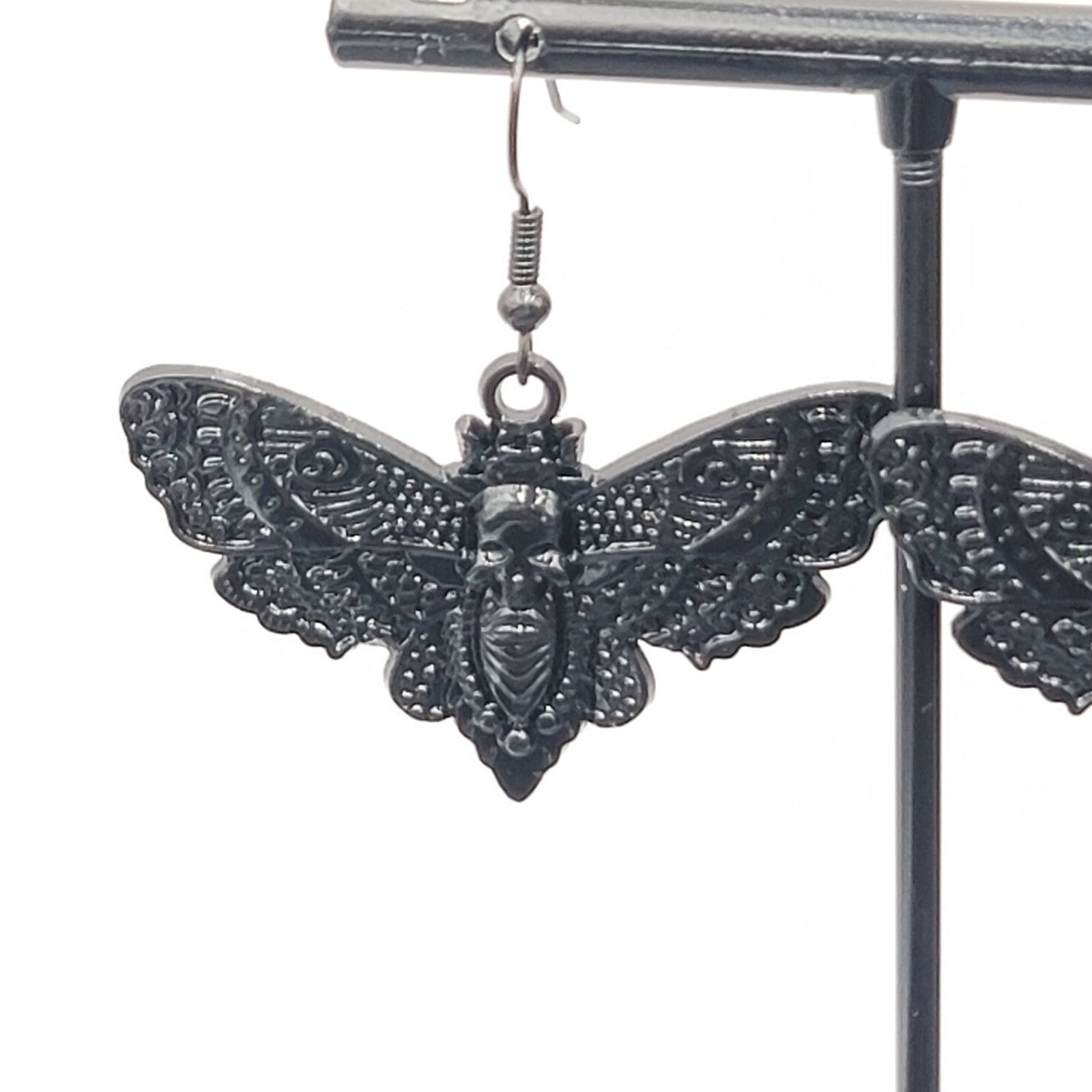 Death Head Moth Pierced Earrings Black Enamel Dangle 1" x 1 5/8" 