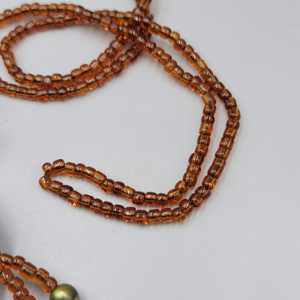 Tassel Bead Necklace Brown Green Resin and Glass Seed Beads 32"